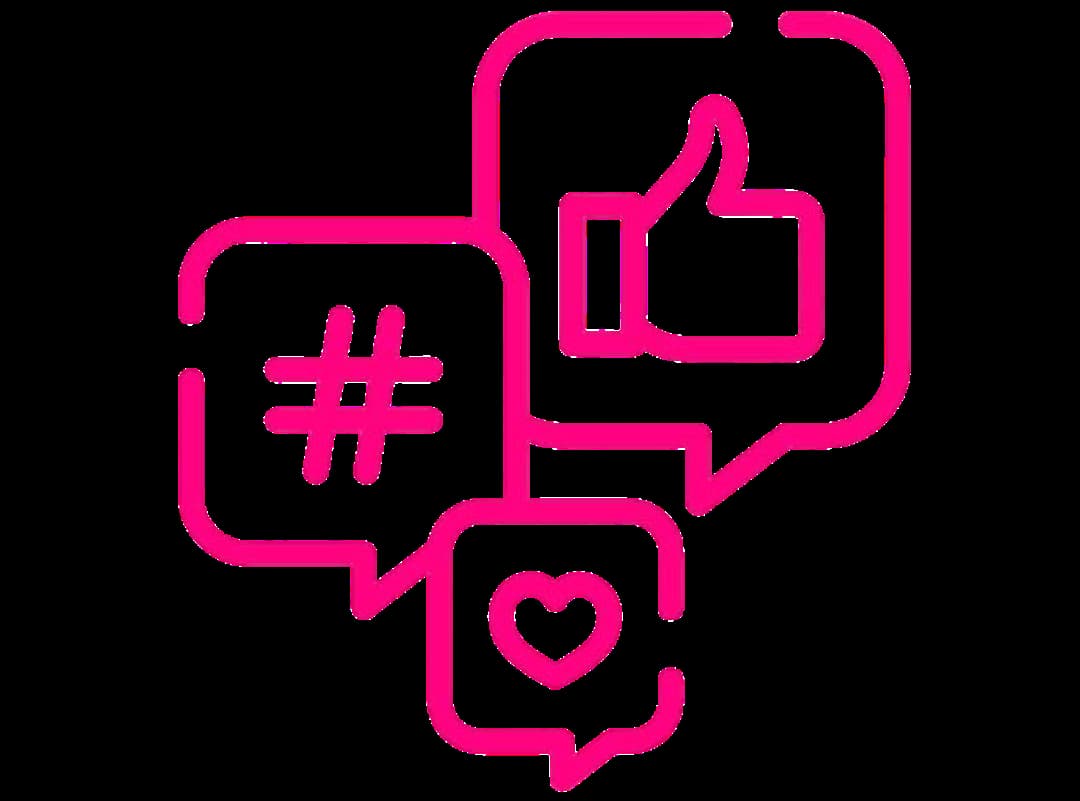 SMM icon showing social media engagement with likes, hashtags, and hearts